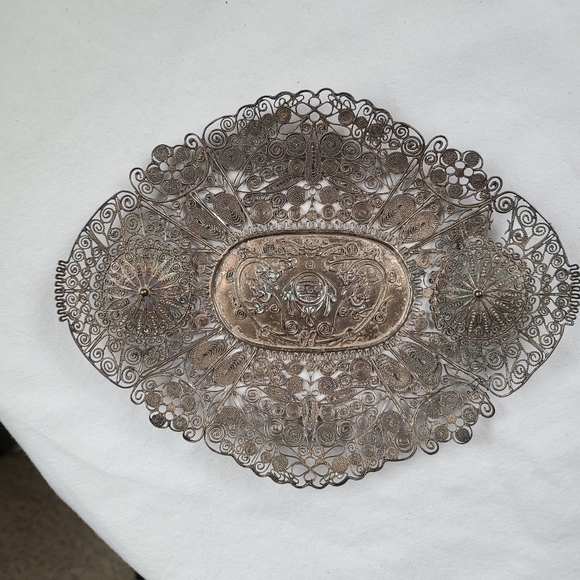 Antique silver filigree tray dish Asian design beautiful wall art wall hanging - Picture 3 of 16